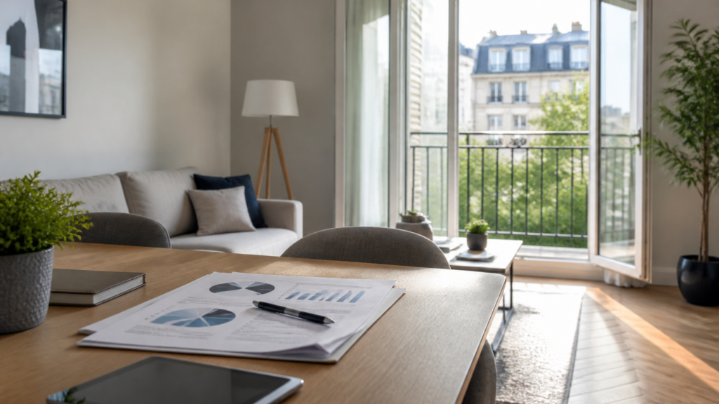 Appartement moderne lumineux avec documents financiers sur la table pour gestion d’investissement locatif en LMNP