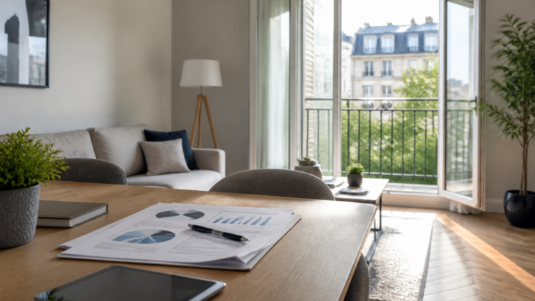 Appartement moderne lumineux avec documents financiers sur la table pour gestion d’investissement locatif en LMNP
