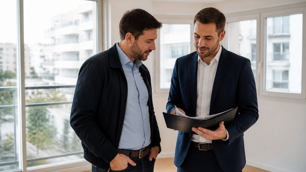 Investisseur immobilier et agent immobilier visitant un appartement lumineux dans un quartier résidentiel français