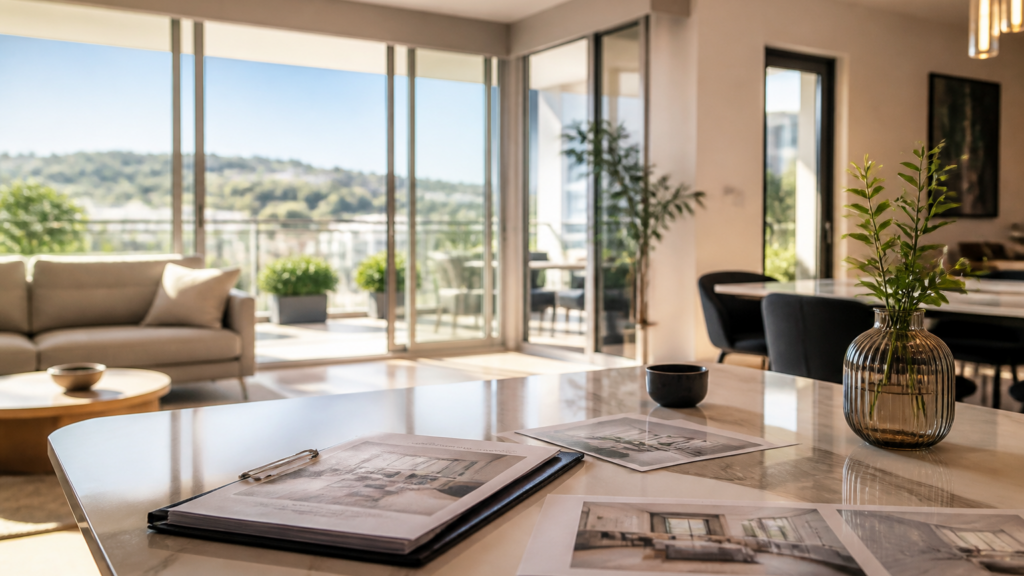 Visite d'un appartement lumineux avec documents immobiliers sur une table