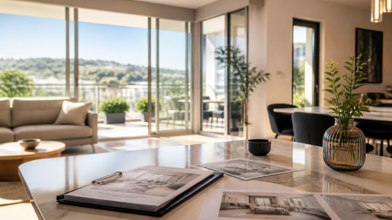 Visite d'un appartement lumineux avec documents immobiliers sur une table