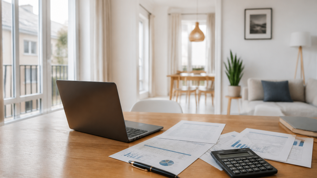 Table avec documents fiscaux et ordinateur dans un appartement lumineux en France