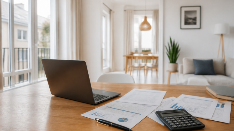 Table avec documents fiscaux et ordinateur dans un appartement lumineux en France